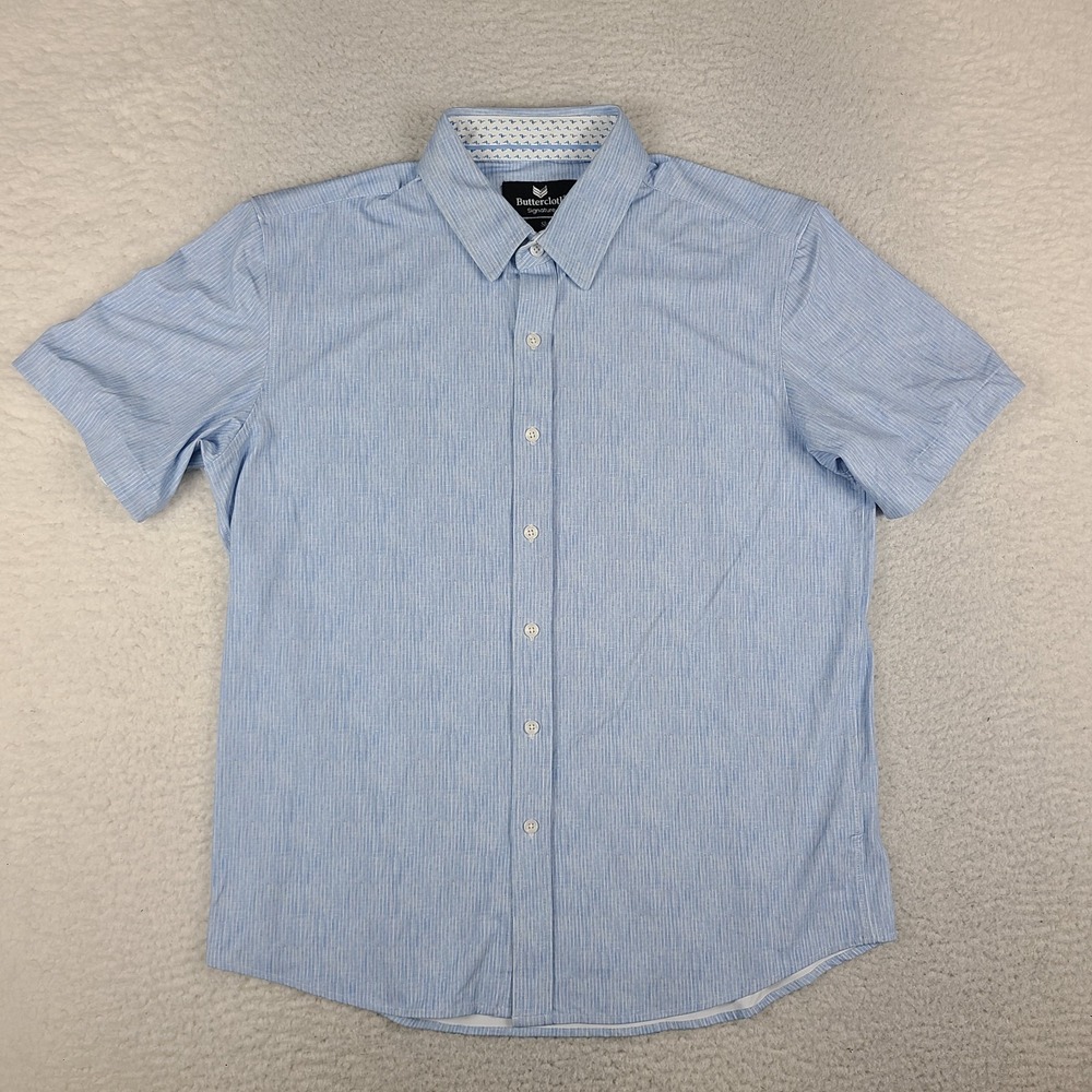 Buttercloth Shirt Mens Large Blue Slim Preppy Signature Button Up Short Sleeve